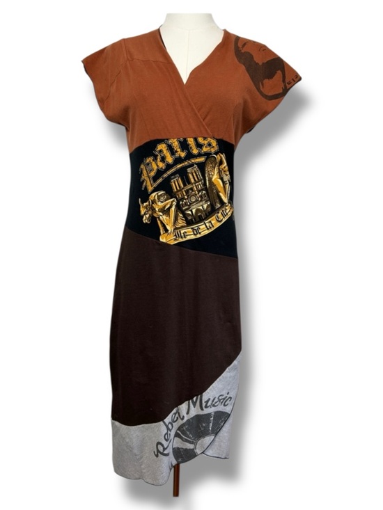 Precocious Environmental Couture Dresses & Skirts - Pathchwork Art to Wear Abstract Artsy Rust Brown Grey Graphic Midi Dress Medium
